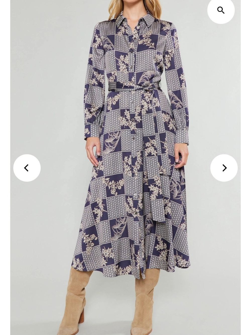 Current Air Dusty Navy and Cream Patchwork Floral Midi Shirt Dress XL NWT